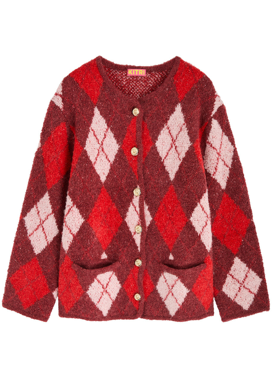 Kitri Pandora Argyle-intarsia Knitted Cardigan Burgundy