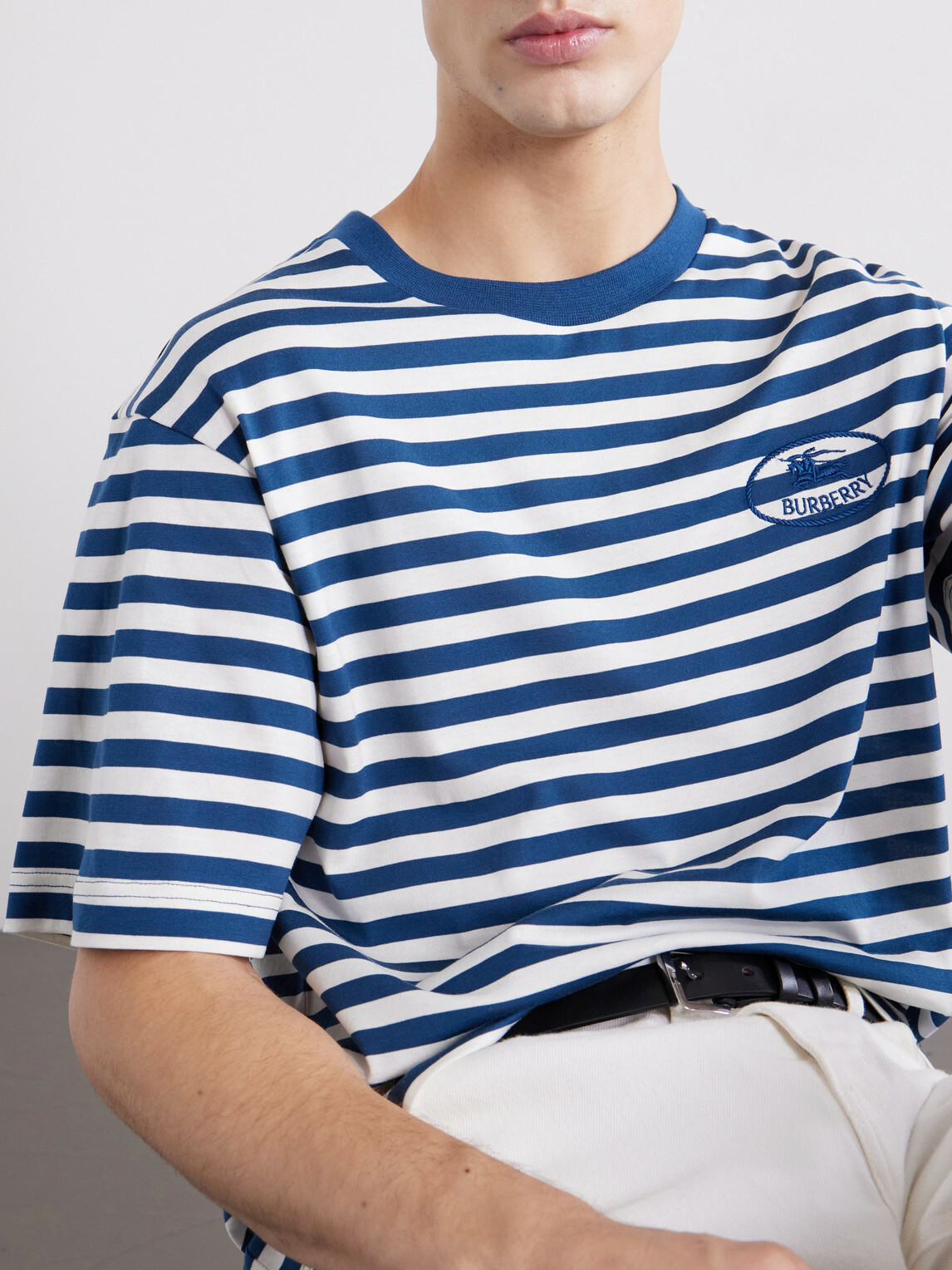 Burberry - Ryan Logo-Embroidered Striped Cotton-Blend Jersey T-Shirt - Blue