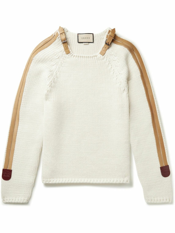 Photo: GUCCI - Leather-Trimmed Wool Sweater - Neutrals