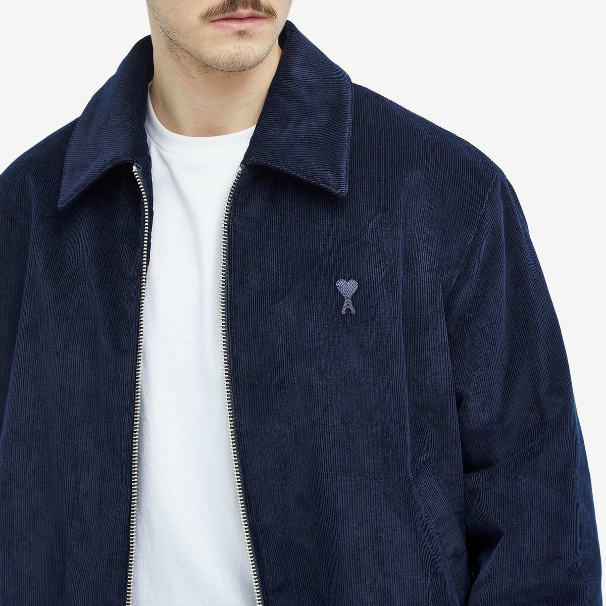 AMI Paris Men's Zipped Corduroy Bomber Jacket in Navy Blue AMI