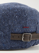 BRUNELLO CUCINELLI - Leather-Trimmed Herringbone Wool and Cashmere-Blend Tweed Flat Cap - Blue