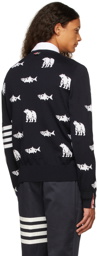 Thom Browne Navy Merino Bear & Salmon Sweater