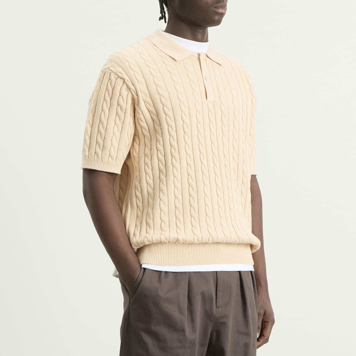Beams Plus Men's Cable Knit Polo in Beige