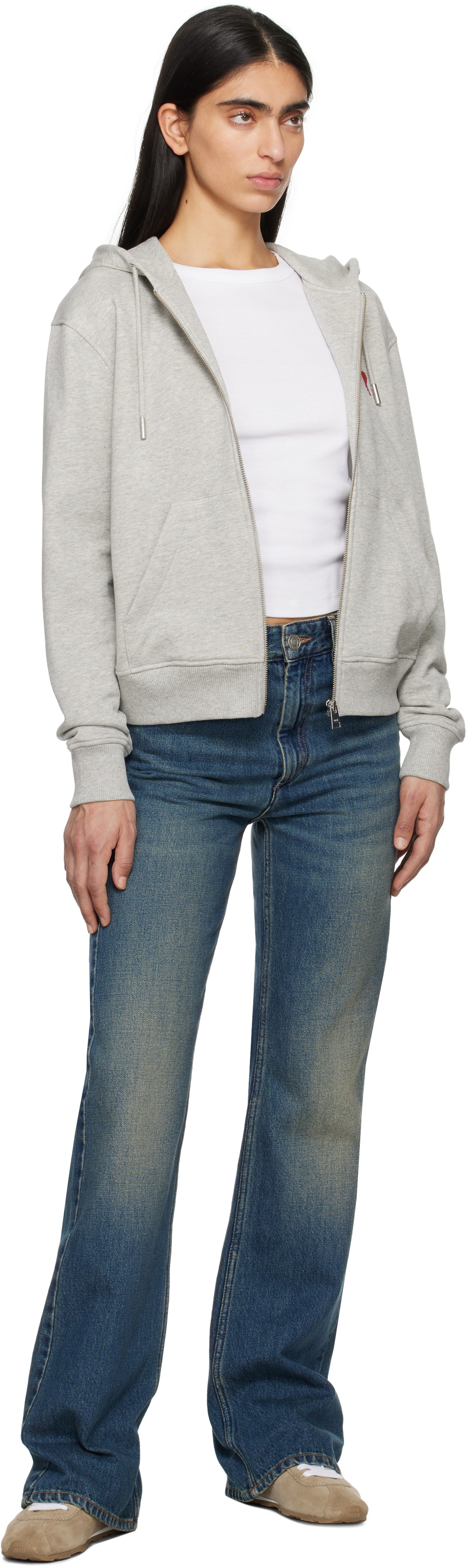 AMI Paris Gray Cotton Ami de Coeur Zipped Hoodie