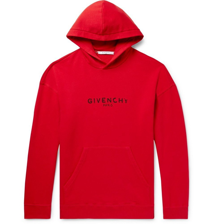 Photo: Givenchy - Distressed Logo-Print Loopback Cotton-Jersey Hoodie - Men - Red