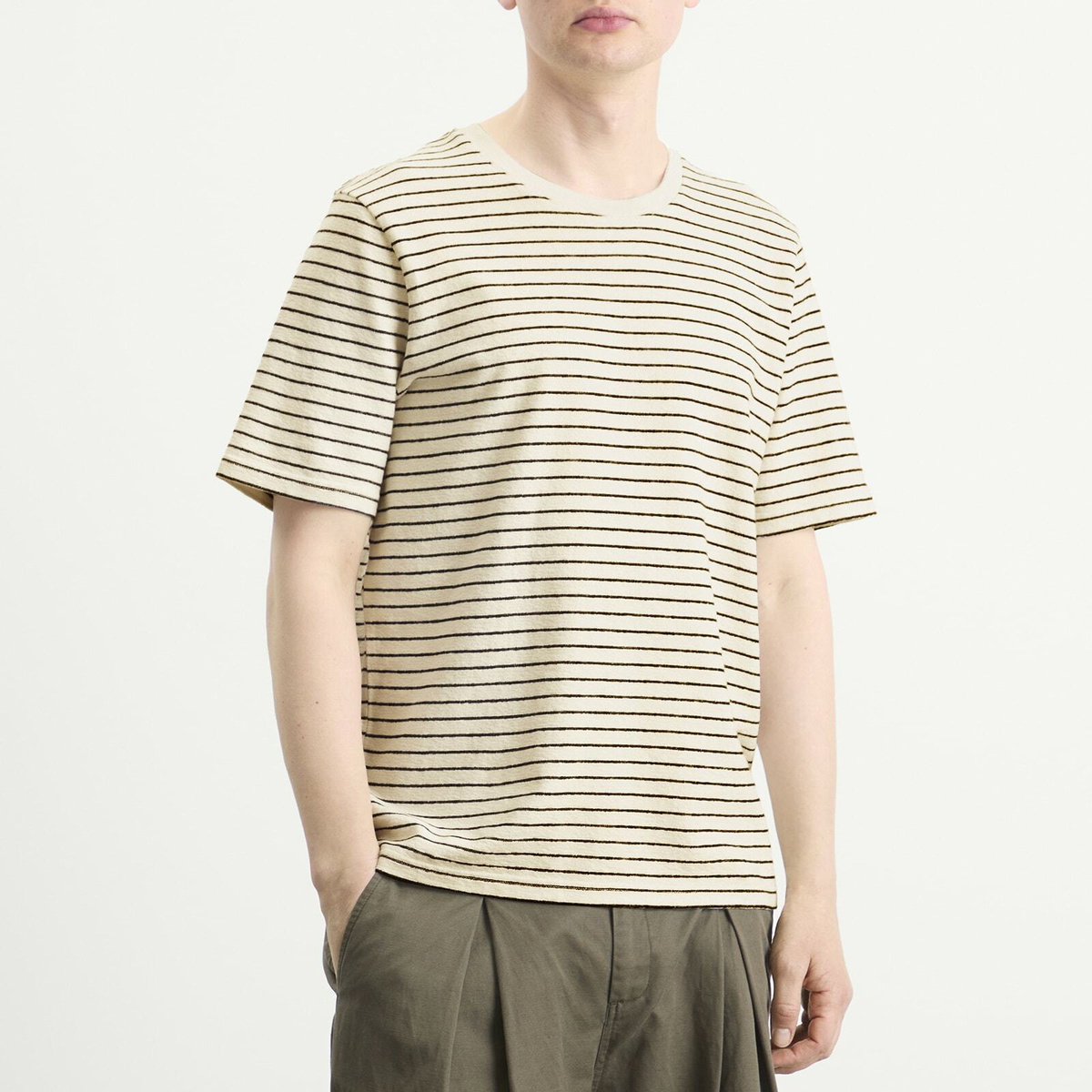 Folk Men's Textured Stripe T-Shirt in Ecru/Black