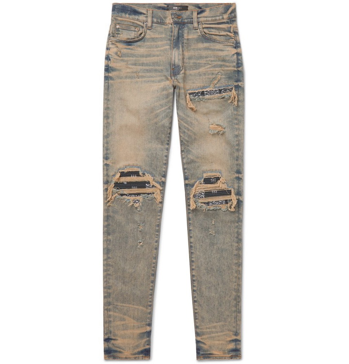 Photo: AMIRI - MX1 Skinny-Fit Panelled Distressed Stretch-Denim Jeans - Men - Blue