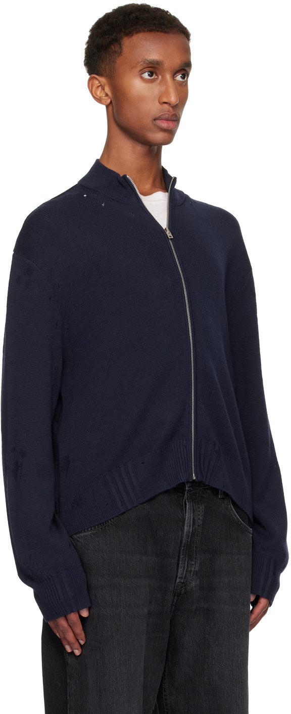 Acne Studios Navy Distressed Zip Cardigan Acne Studios