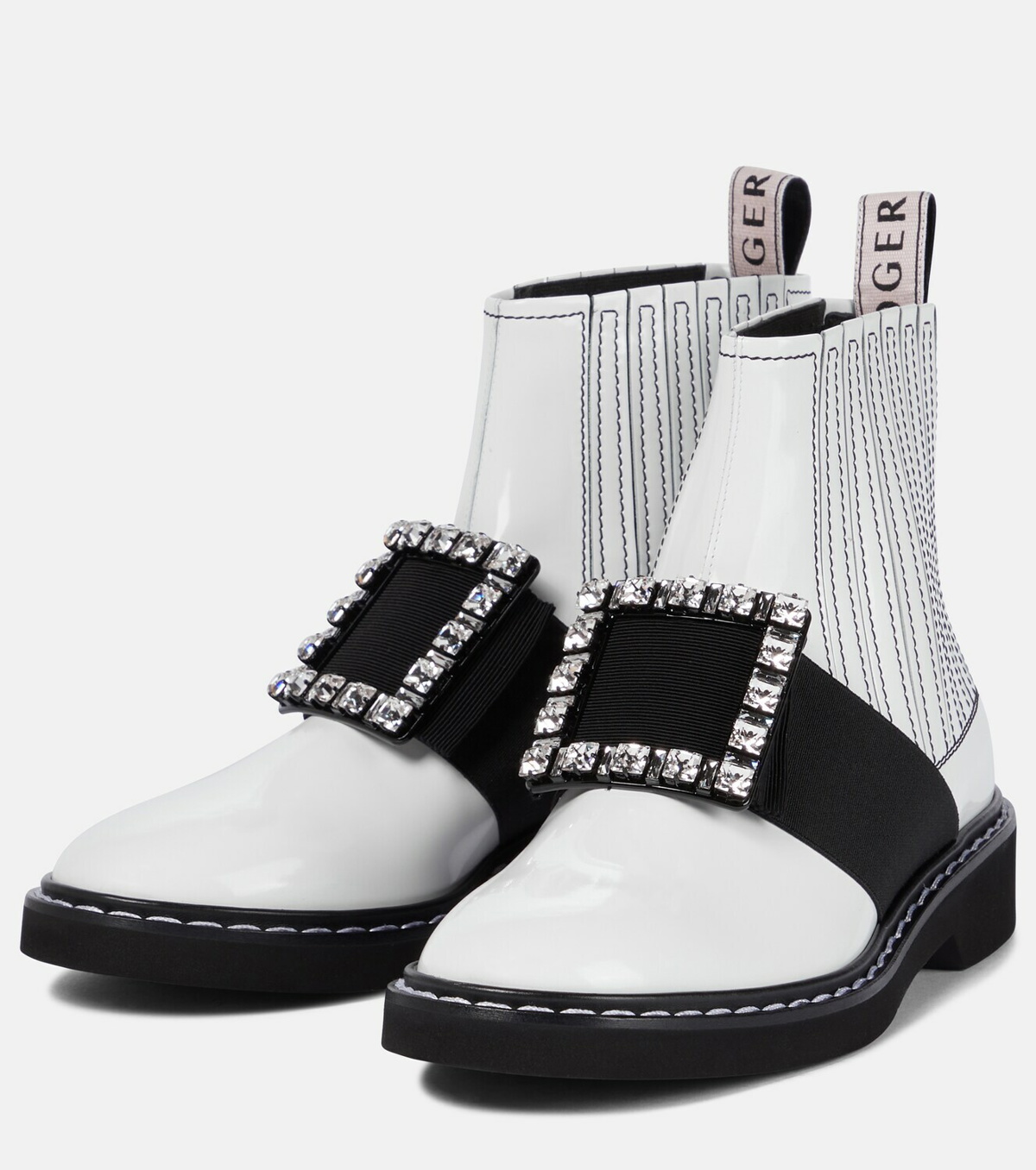 Roger Vivier - Viv' Go-Thick Strass Buckle Chealsea Ankle Boots in Patent Leather, White, Scarpe, Size: 38