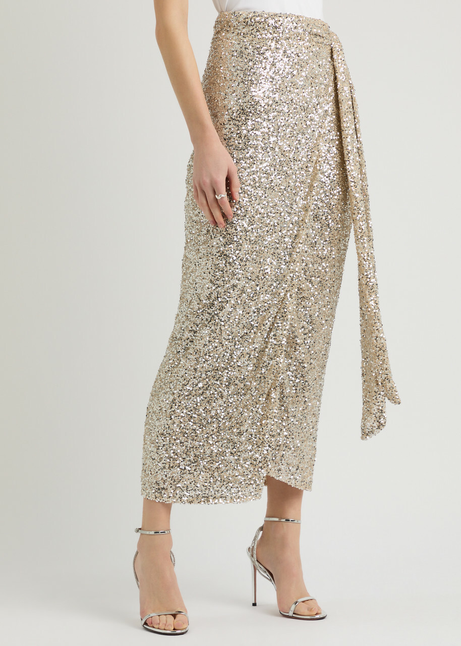 Never Fully Dressed Jaspre Sequin Midi Wrap Skirt Silver
