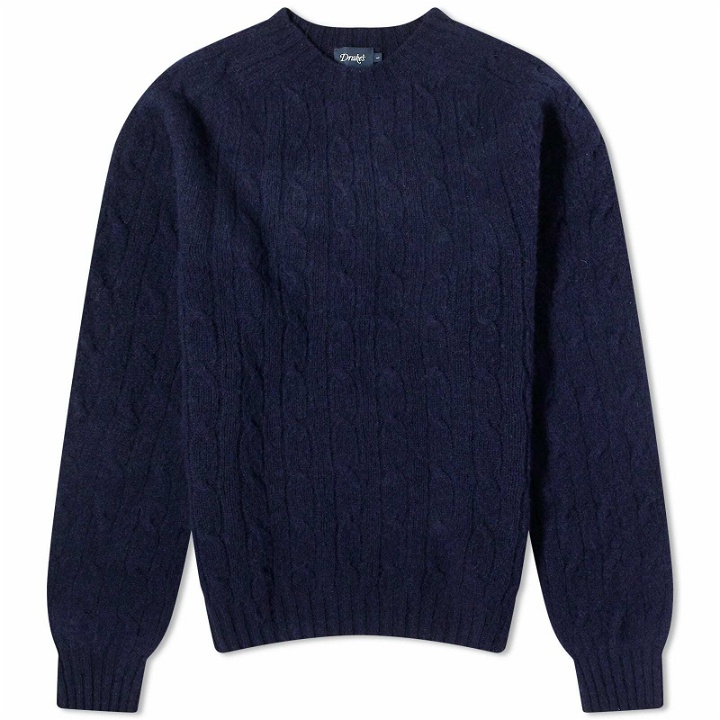Photo: Drake's Men's Brushed Shetland Cable Crew Knit in New Navy
