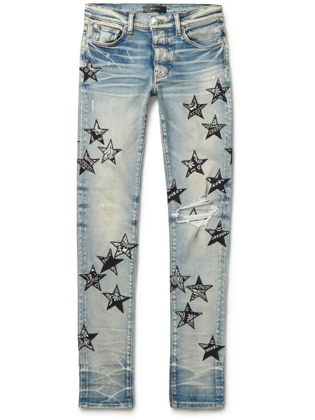 Photo: AMIRI - Skinny-Fit Appliquéd Distressed Jeans - Blue