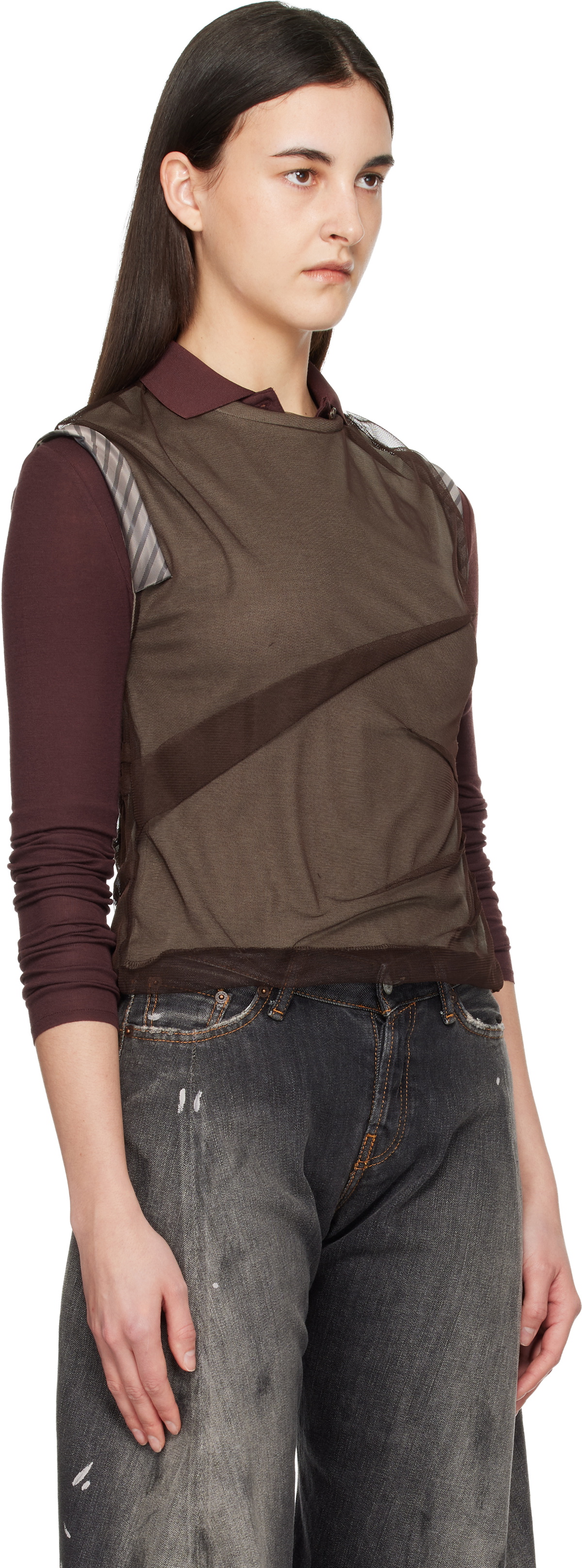 Andersson Bell Brown Layered Mesh Tuck & Dart Top