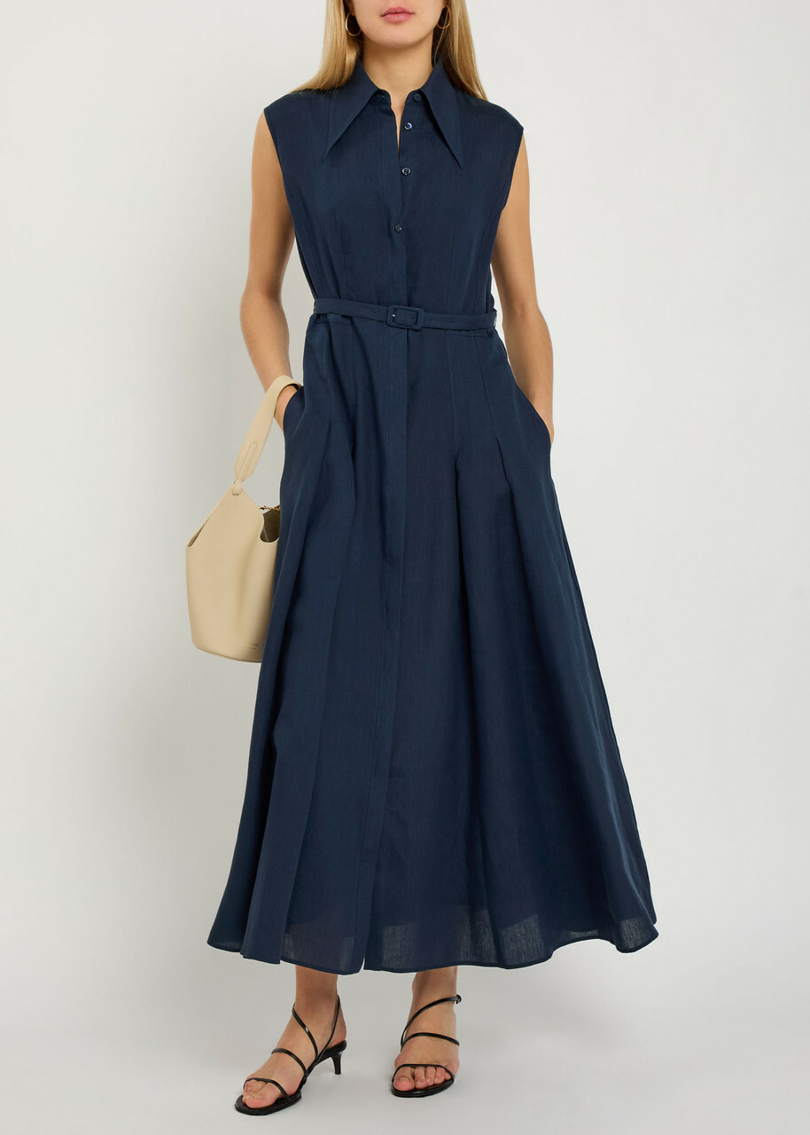 Gabriela Hearst Durand Belted Linen Shirt Dress Navy