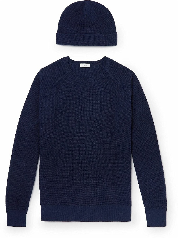 Photo: Onia - Waffle-Knit Cotton and Cashmere-Blend Sweater and Beanie Set - Blue