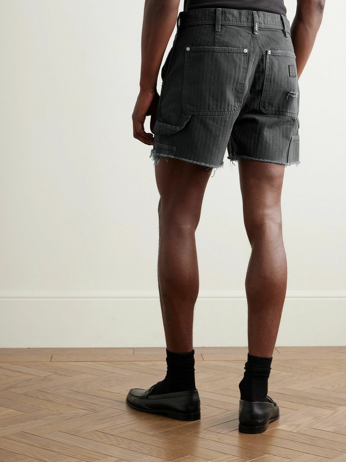 Enfants Riches Déprimés - Slim-Fit Distressed Herringbone Denim Shorts - Black