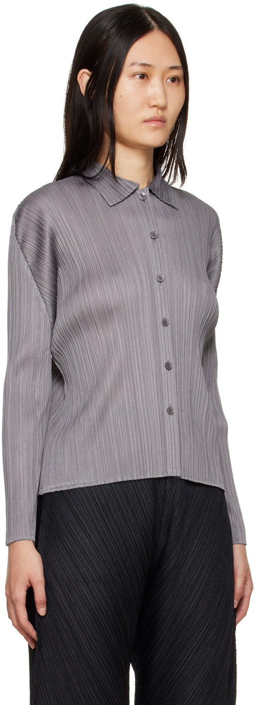Pleats Please Issey Miyake Spread Collar Pleated Shirt in Gray