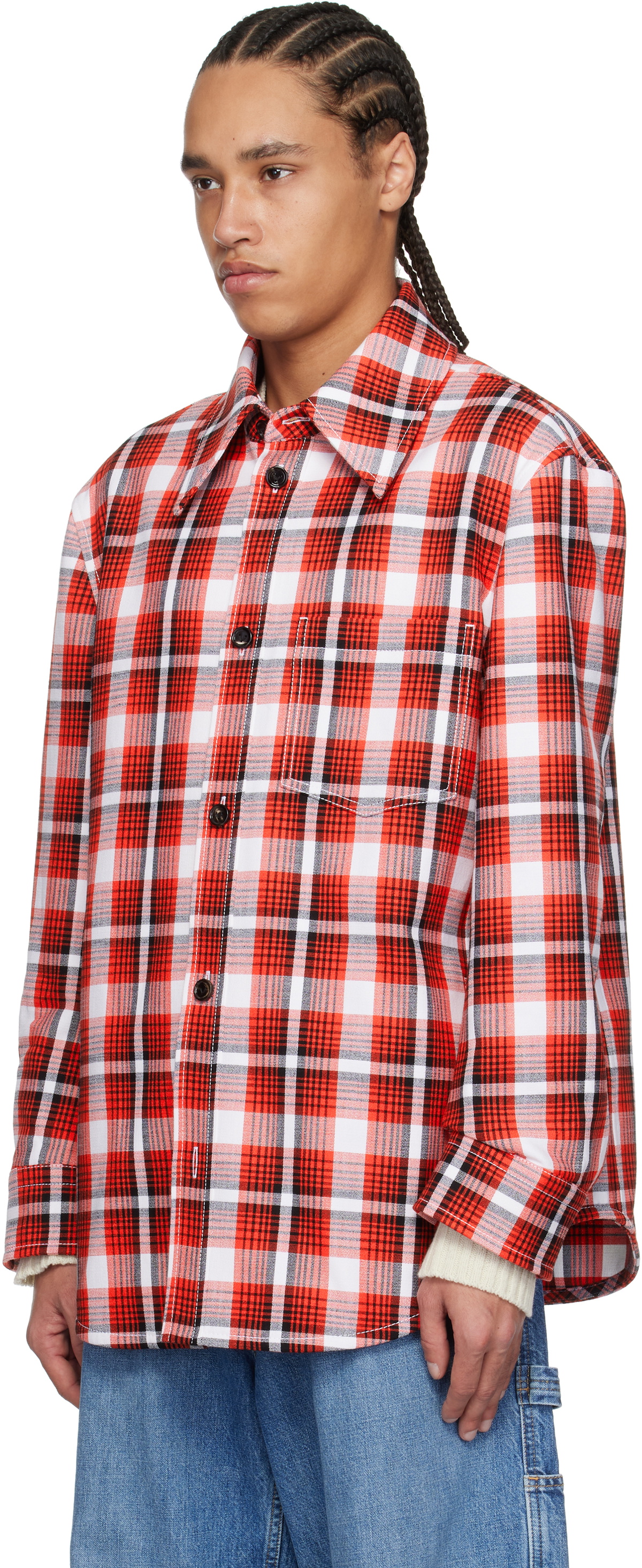 Bottega Veneta Red & White Structured Cotton Check Jacket Bottega