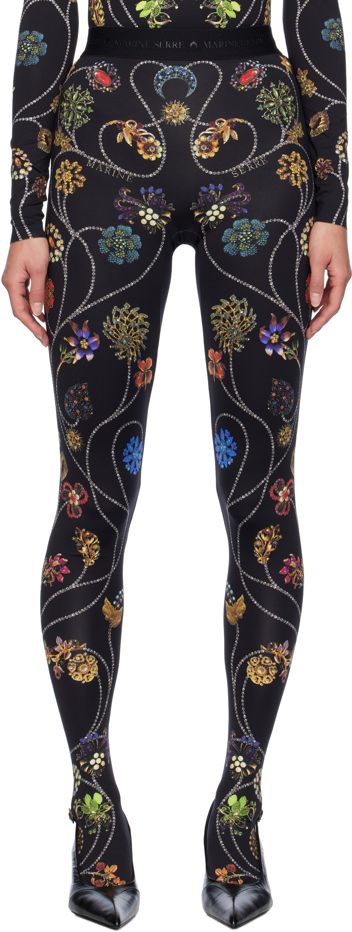 Marine Serre Black Floral Jewelry Printed Jersey Leggings Marine Serre