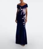 Costarellos Rielle embellished floral-appliqué velvet gown