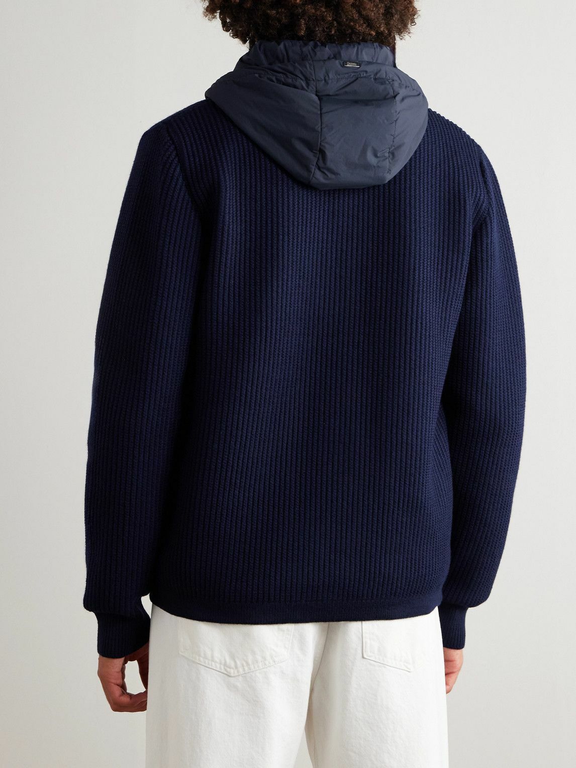 Herno - Layered Shawl-Collar Ribbed Wool and Stretch-Nylon Hooded Jacket - Blue