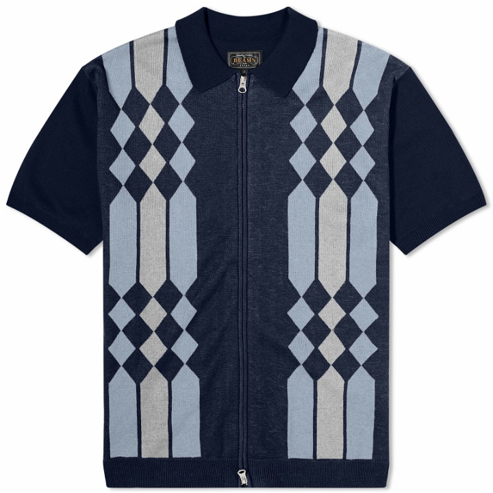 Photo: Beams Plus Men's Zip Stripe Knit Polo Shirt in Navy