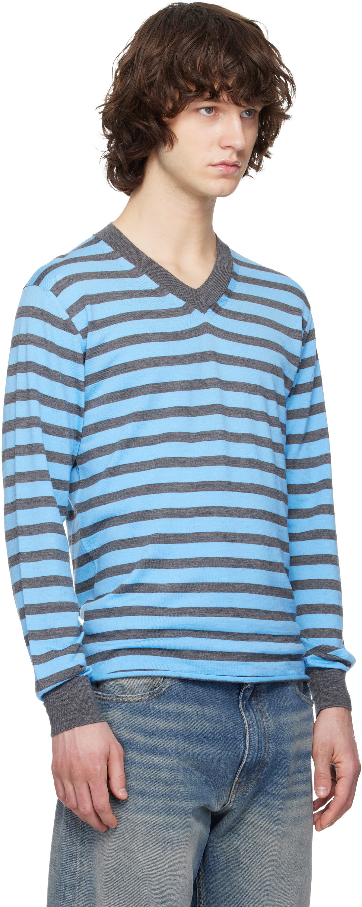 Junya Watanabe Blue & Gray Worsted Wool Jersey Stripe Sweater