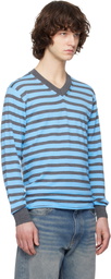 Junya Watanabe Blue & Gray Worsted Wool Jersey Stripe Sweater
