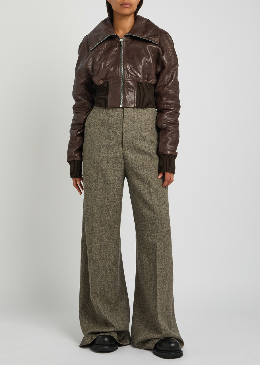 Rick Owens Dracuflight Cropped Leather Bomber Jacket Dark Brown