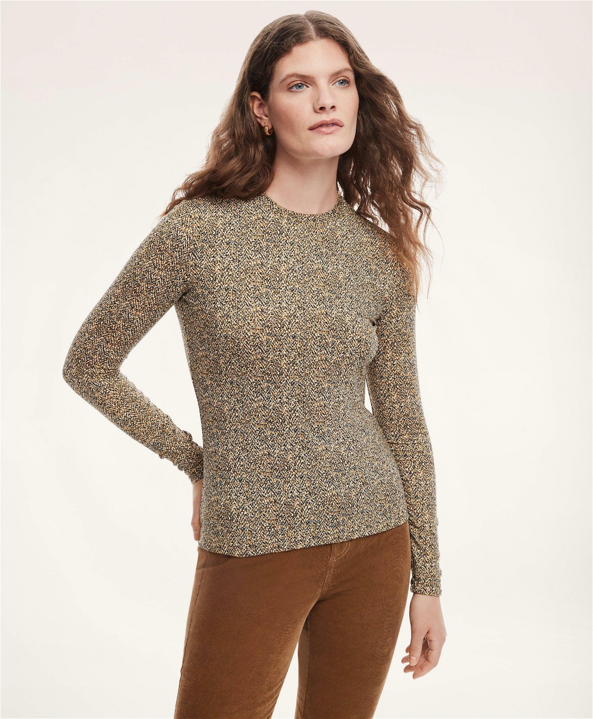 Photo: Brooks Brothers Women's Jersey Printed Long-Sleeve Herringbone T-Shirt | Dark Yellow