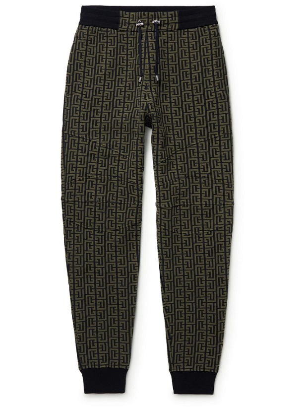 Photo: Balmain - Tapered Monogrammed Cotton-Blend Jacquard Sweatpants - Green