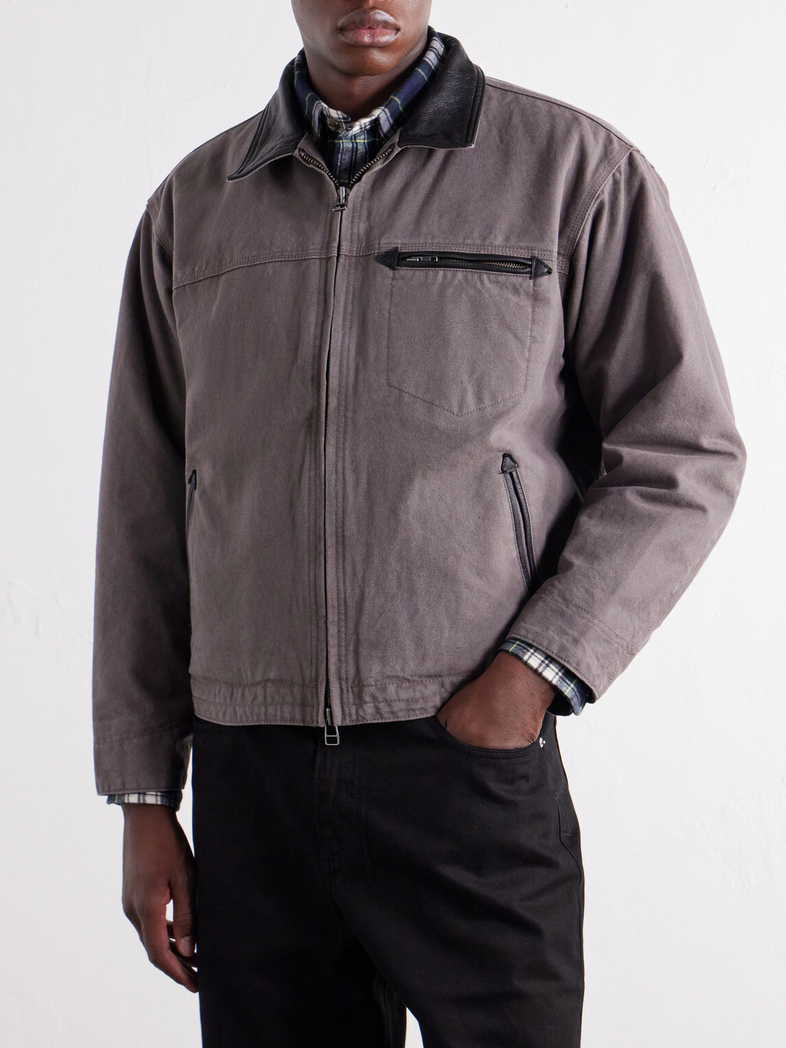FrizmWORKS - Distressed Leather-Trimmed Cotton-Canvas Jacket - Brown