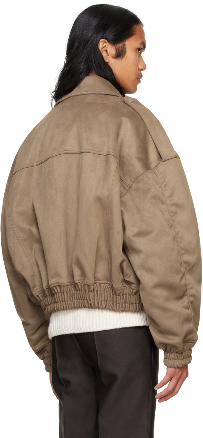 System Brown Spread Collar Faux-Leather Bomber Jacket