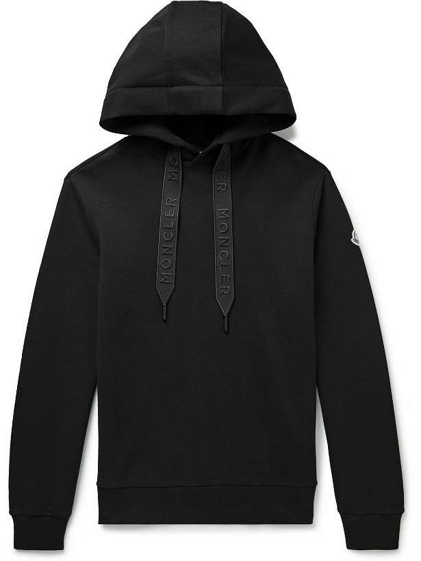 Photo: Moncler - Logo-Embroidered Grosgrain-Trimmed Cotton-Jersey Hoodie - Black