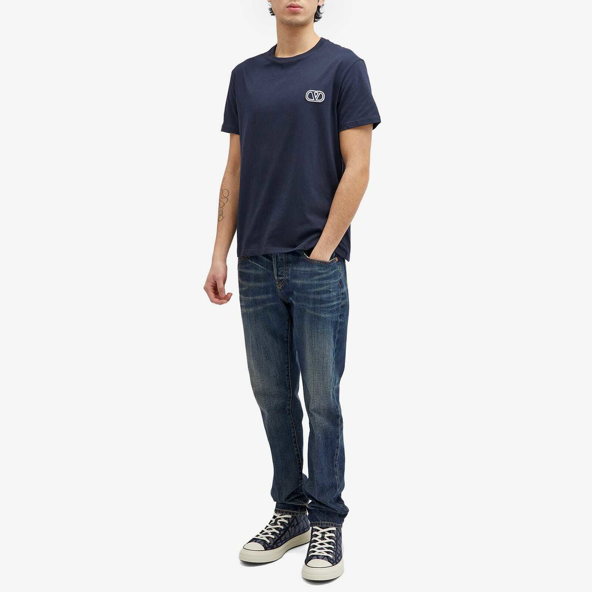 Valentino Men's Embroidered V Logo T-Shirt in Navy Valentino