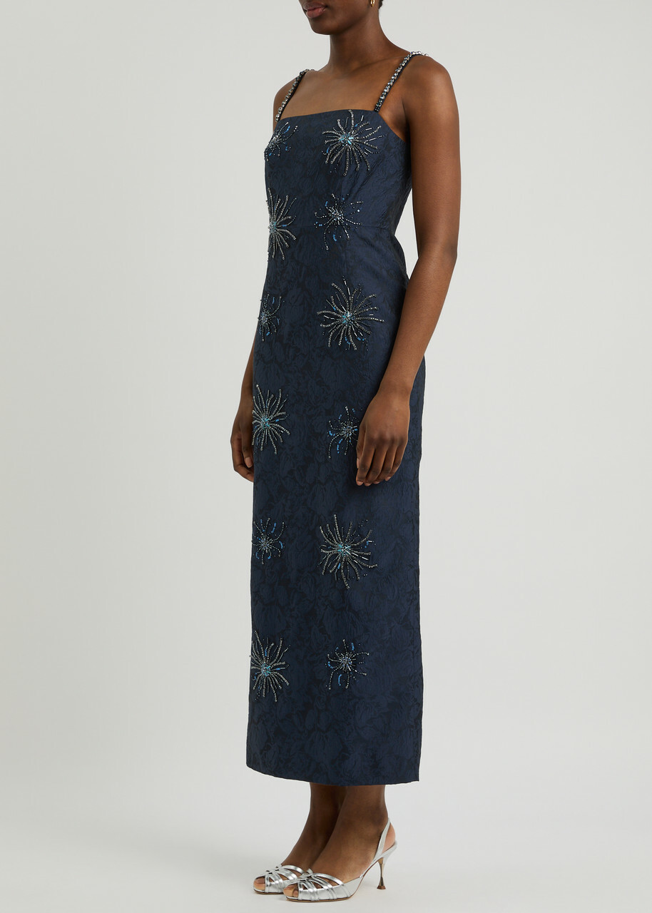 Huishan Zhang Astra Embellished Cloqué Maxi Dress Navy