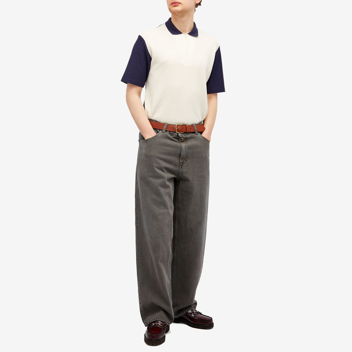 Palmes Men's Textured Zip Polo in Dark Blue
