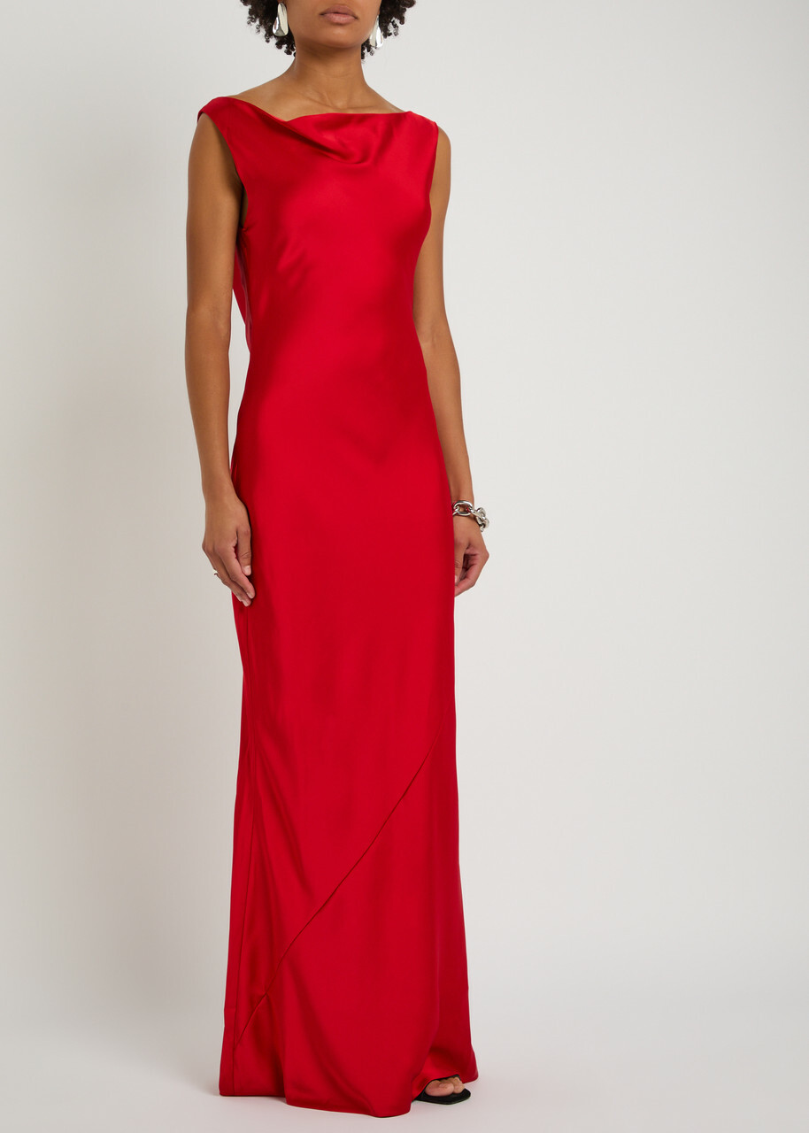 Norma Kamali Sleeveless Low Back Drape Satin Gown Red