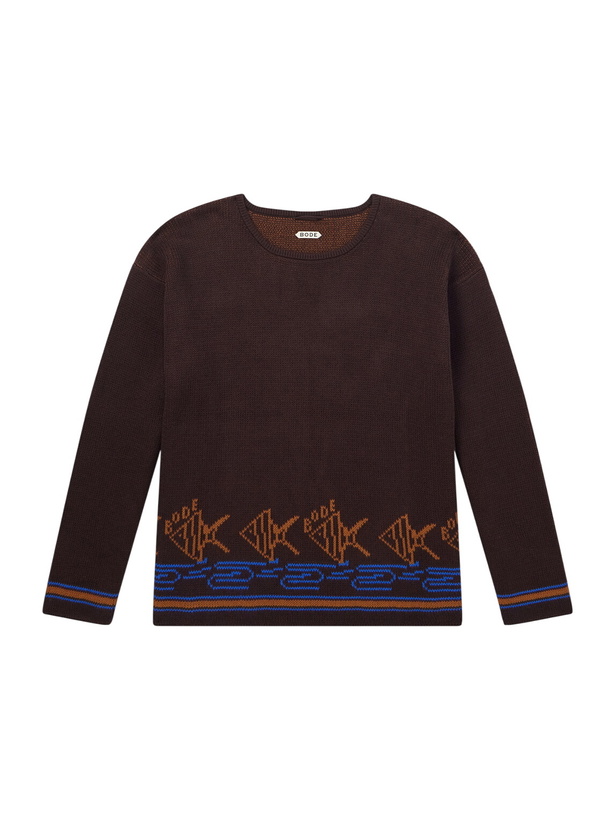 Photo: BODE - Fish School Intarsia-Knit Cotton Sweater - Brown