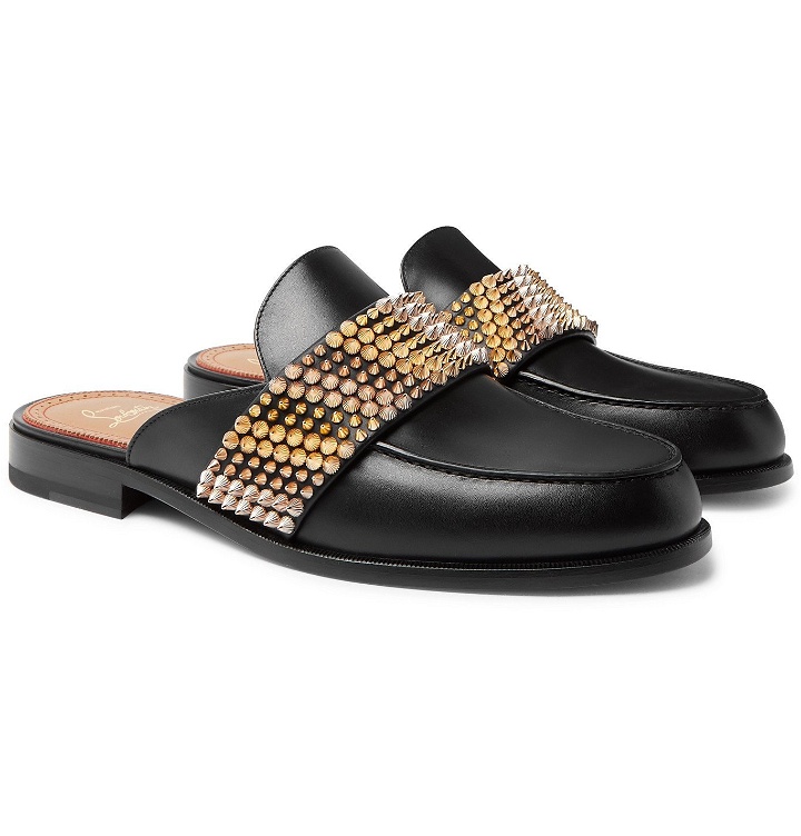 Photo: Christian Louboutin - Studded Leather Backless Loafers - Black