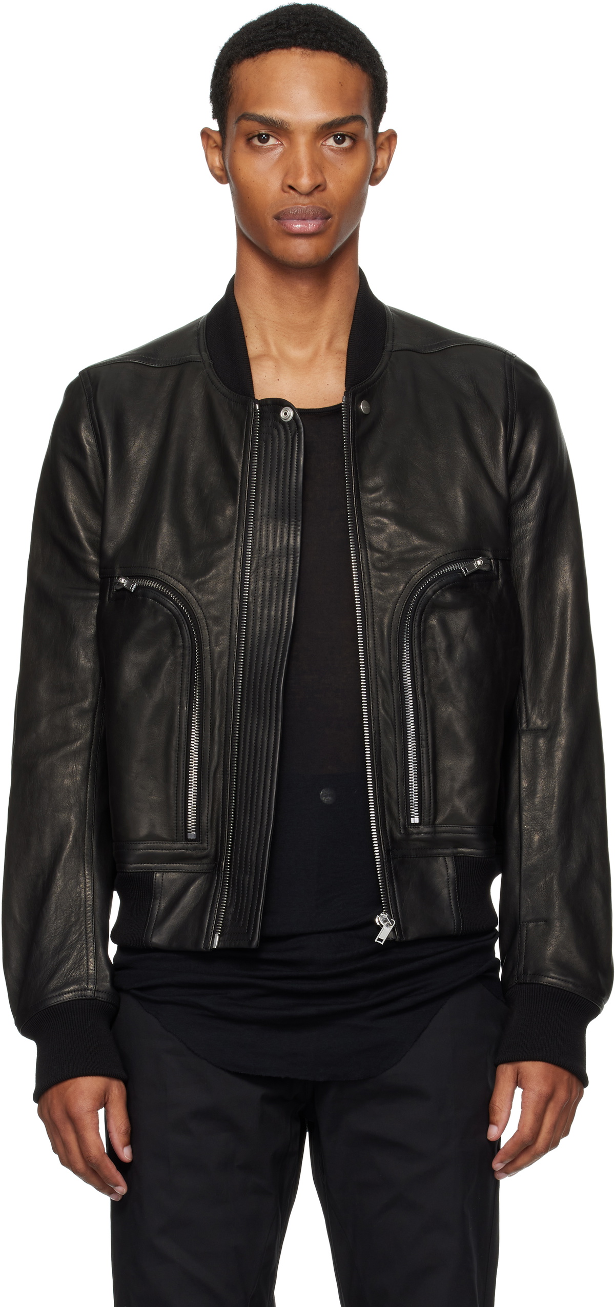 Rick Owens Black Girdered Leather Bomber Jacket Rick Owens
