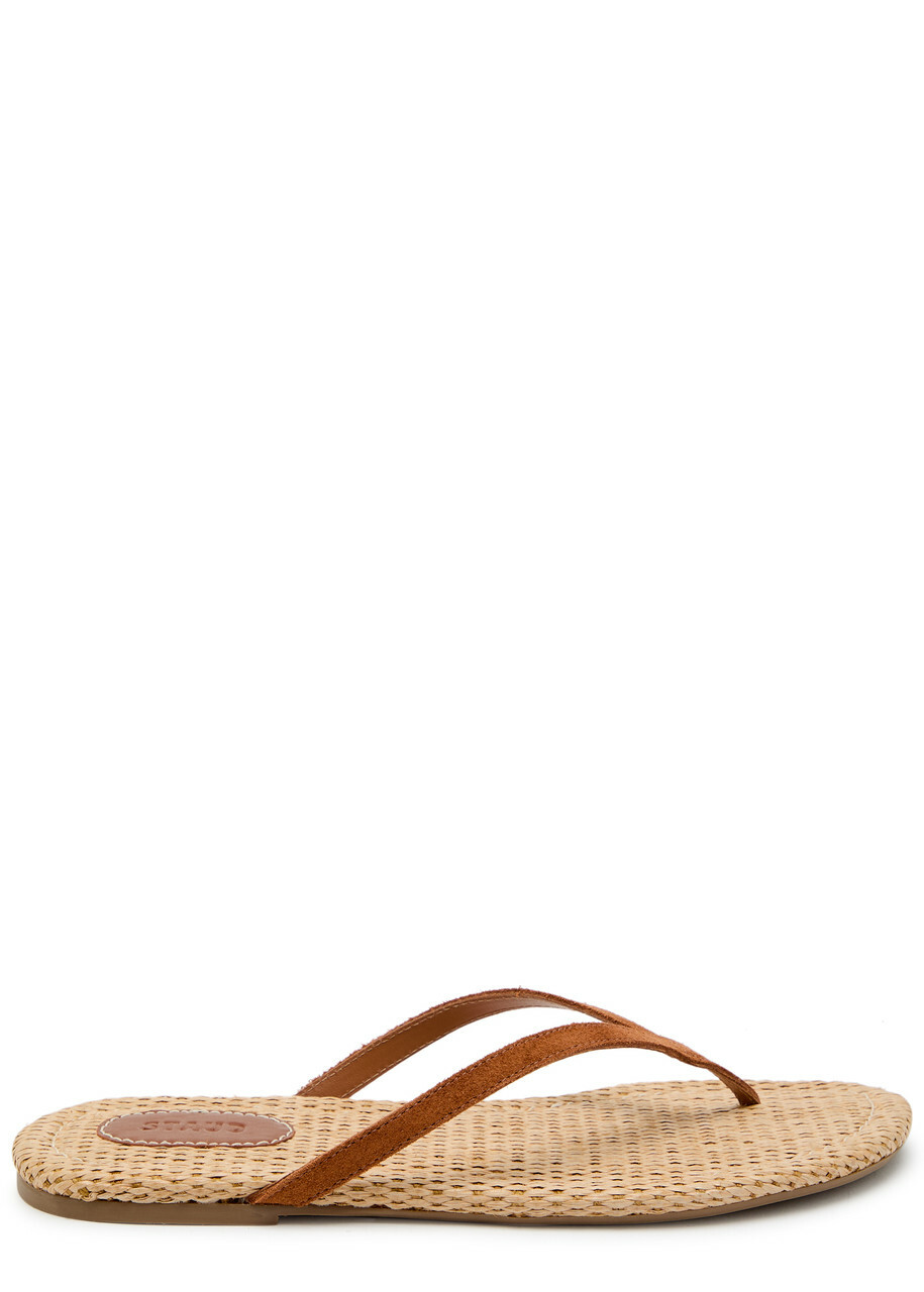 Staud Freja Thong Raffia and Suede Sandals Brown