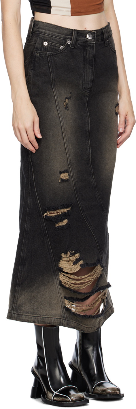 lesugiatelier Black Distressed Denim Midi Skirt