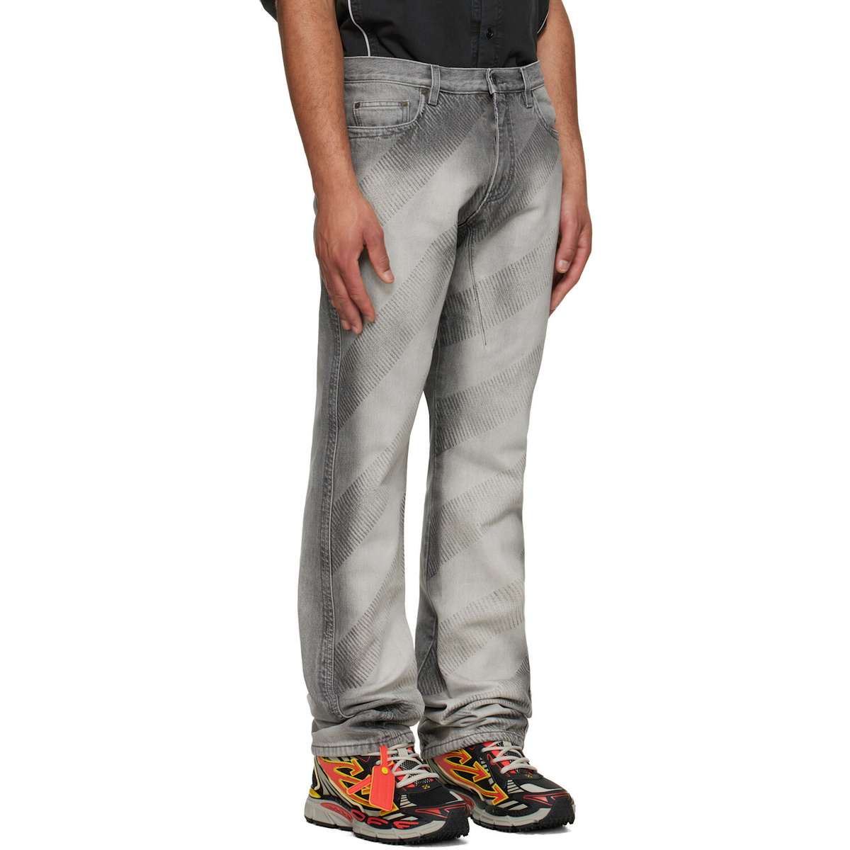 Off-White Gray Diagonal Embroidered Twist Stack Jeans