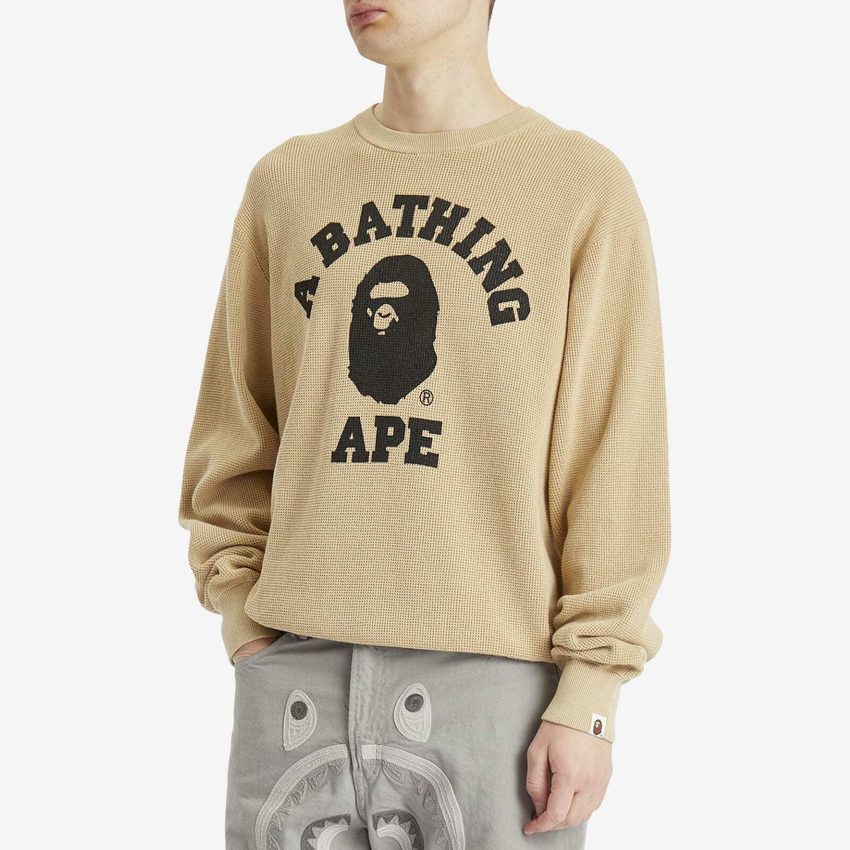 A Bathing Ape Men's College Waffle Crewneck Sweater in Beige