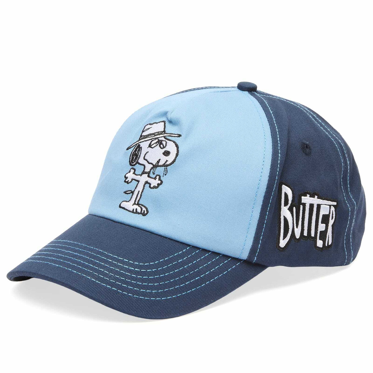 Butter Goods Men's x Peanuts Spike 5 Panel Cap in Navy/Light Blue 