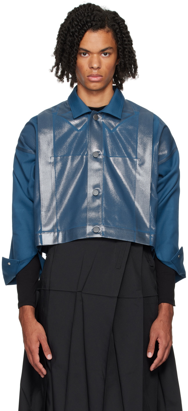 132 5. ISSEY MIYAKE Blue Tucked Foil Jacket