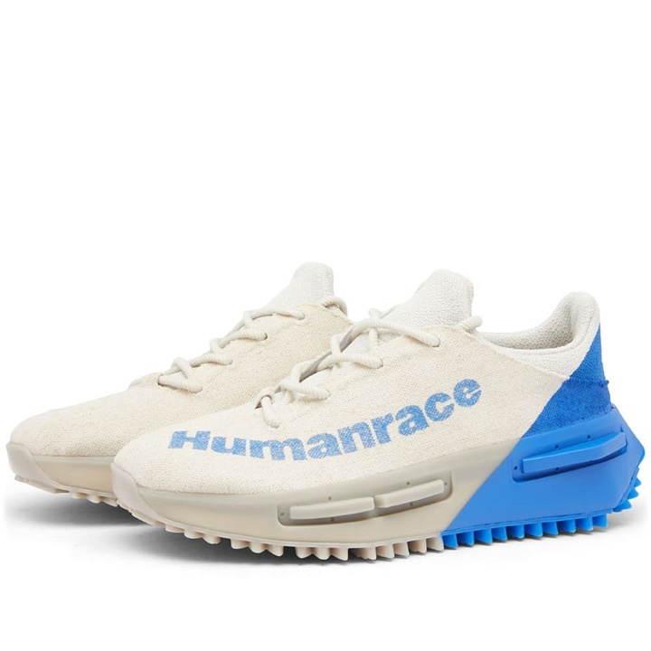 Photo: Adidas Men's HU NMD S1 Low Sneakers in Alumina/Light Brown/Bold Blue