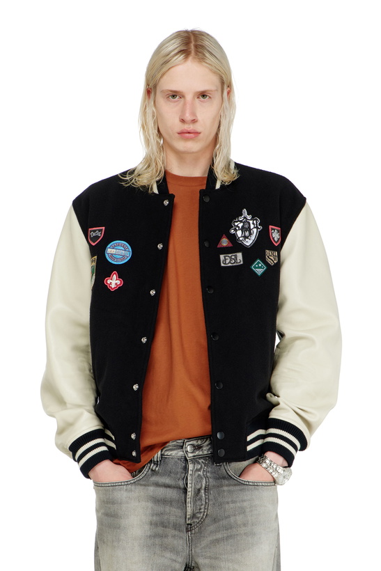 Photo: Diesel Wool and leather bomber jacket with patches - Leather jackets Mens in Multicolor