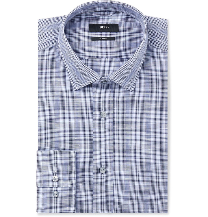 Photo: Hugo Boss - Navy Slim-Fit Prince of Wales Checked Cotton and Linen-Blend Shirt - Blue